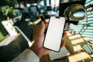 Smartphone Mockup Office Workspace Hand Holding Device